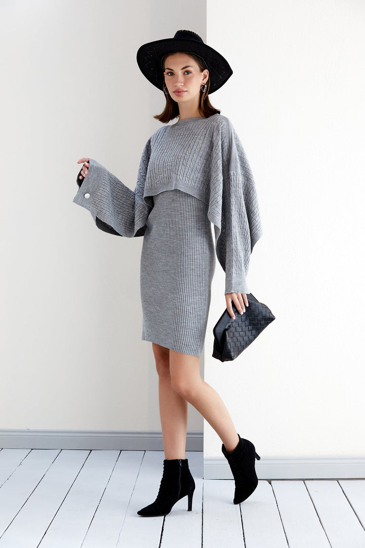 Knitted Midi Dress with Oversize Crop Bolero in Grey - jqwholesale.com