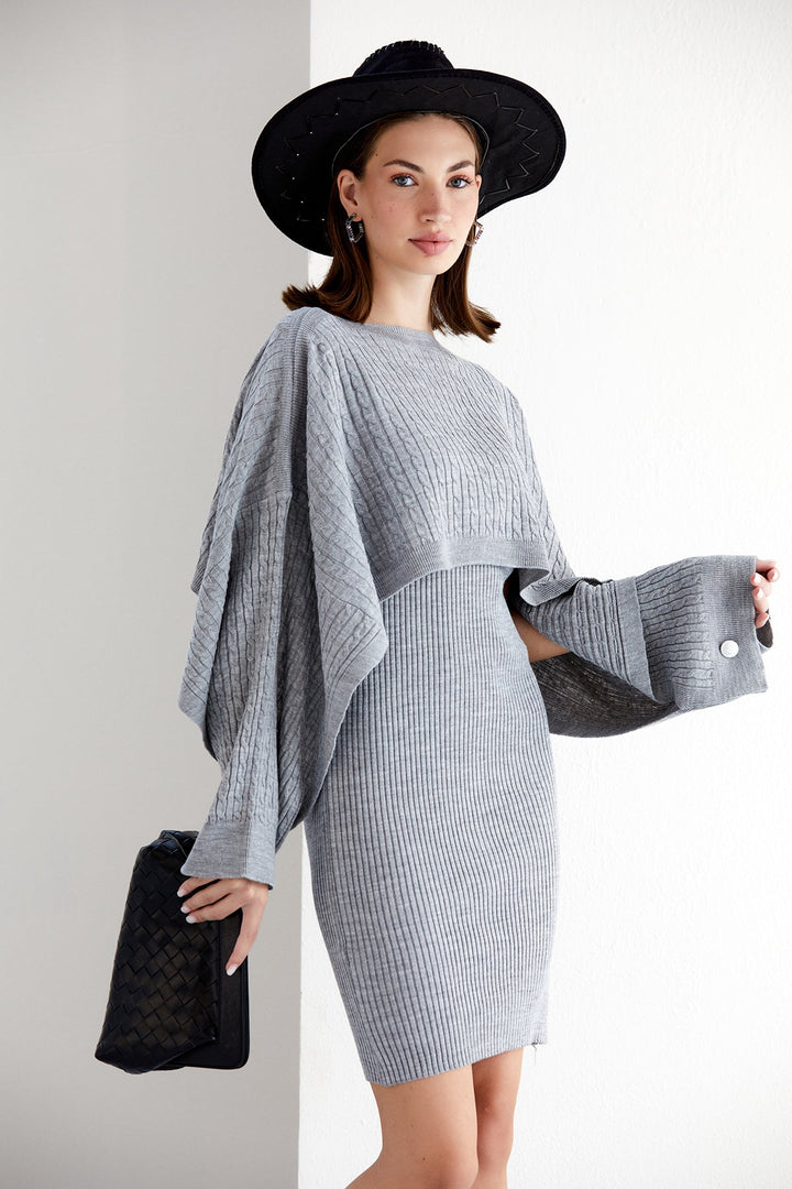 Knitted Midi Dress with Oversize Crop Bolero in Grey - jqwholesale.com