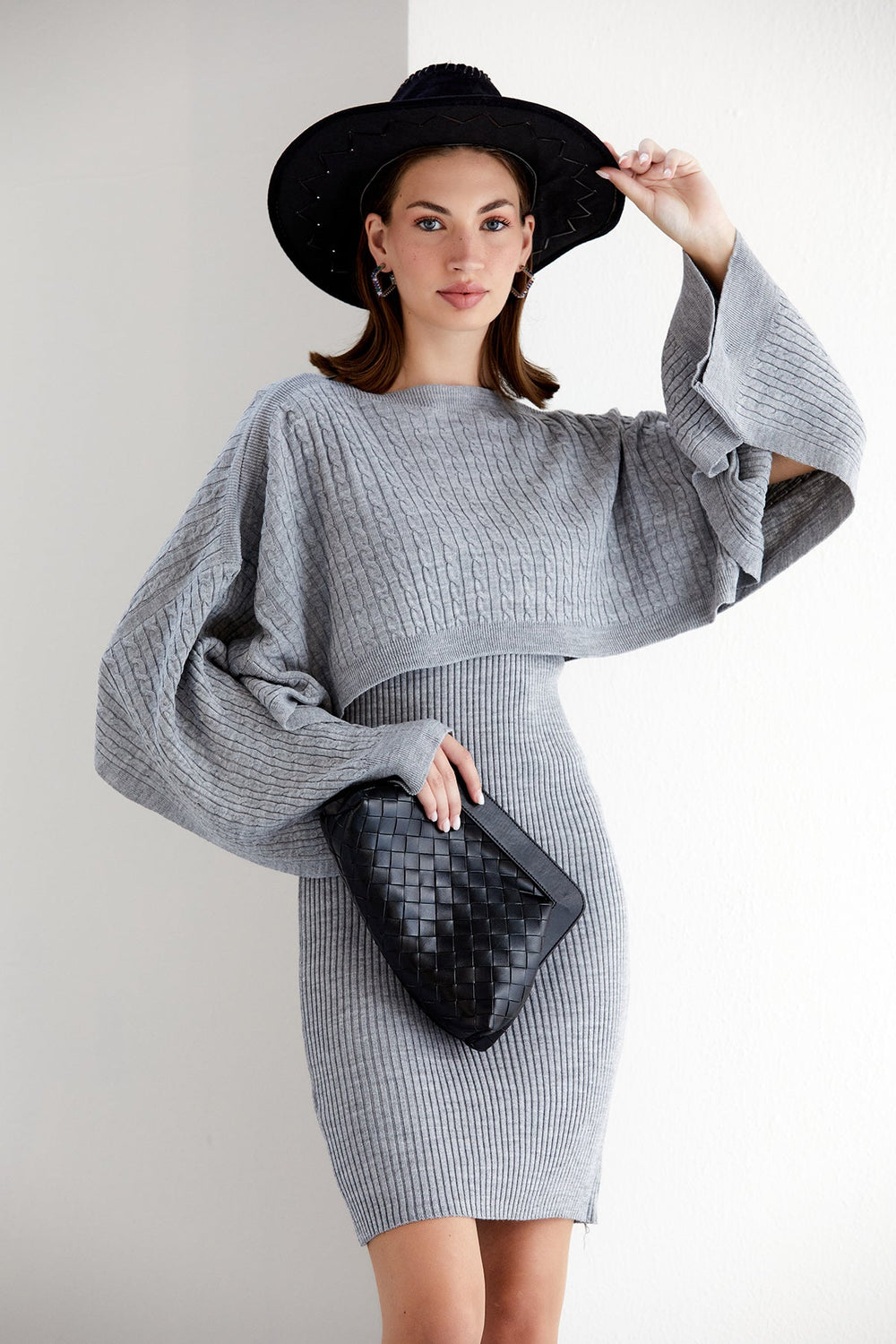 Knitted Midi Dress with Oversize Crop Bolero in Grey - jqwholesale.com