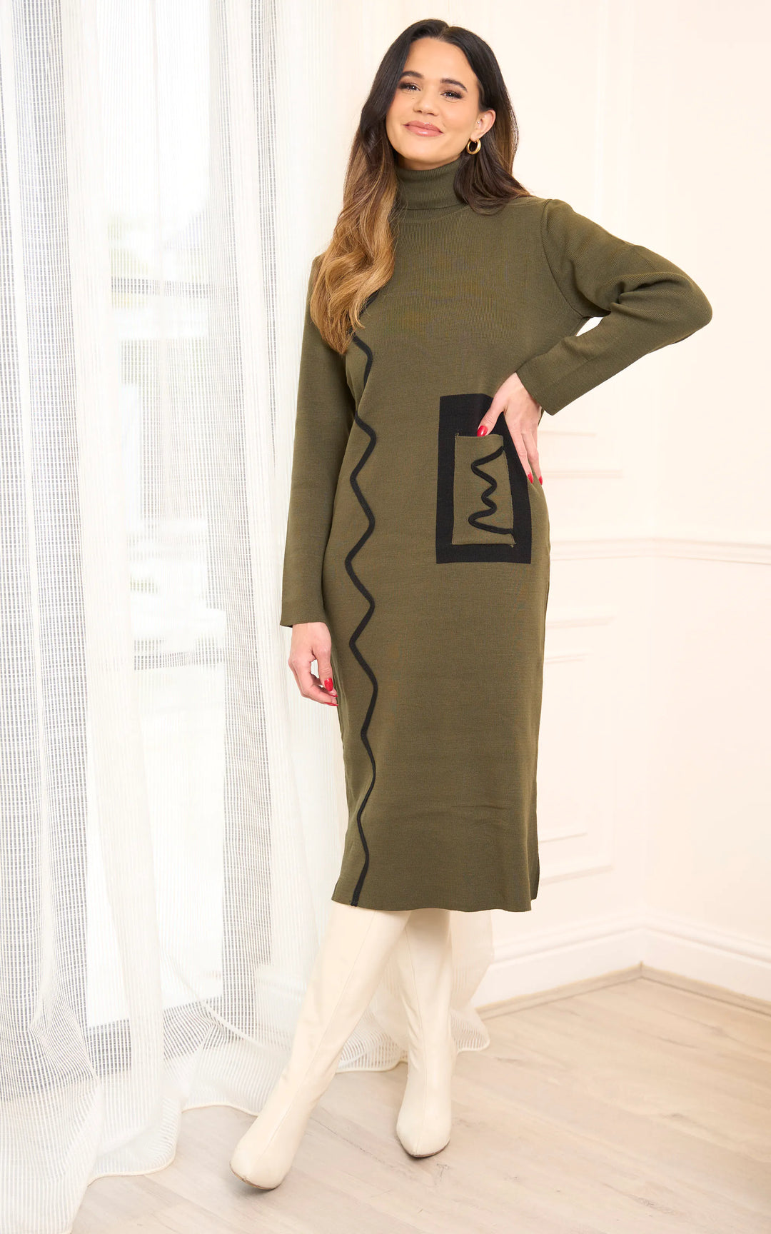 High Neck ZigZag Knitted Midi Dress in Khaki - jqwholesale.com
