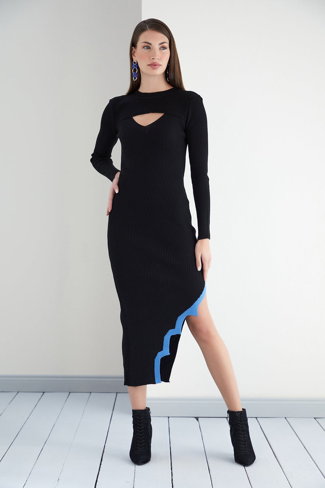 Cut Off Long Sleeve Knitted Black Midi Dress with Asymmetrical Side Slit - jqwholesale.com