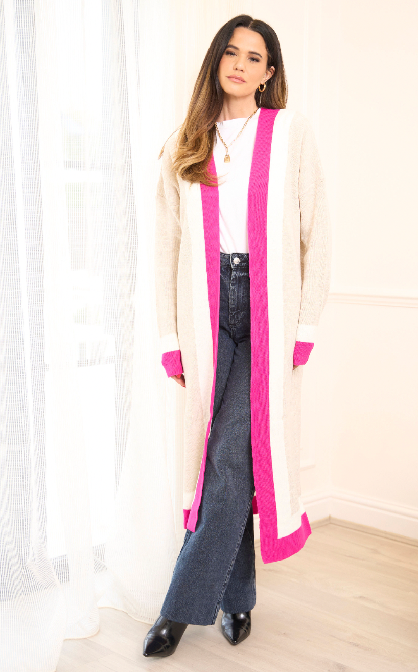 Longline ColourBlock Cardigan in Beige/Pink - jqwholesale.com