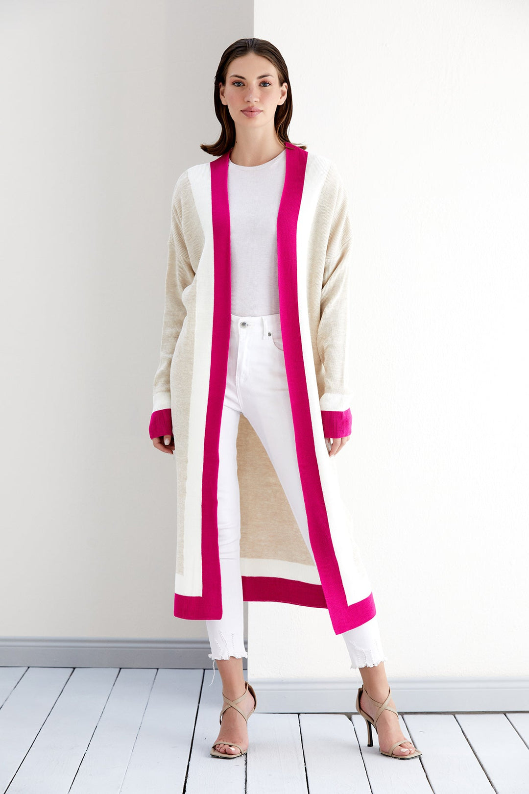 Longline ColourBlock Cardigan in Beige/Pink - jqwholesale.com