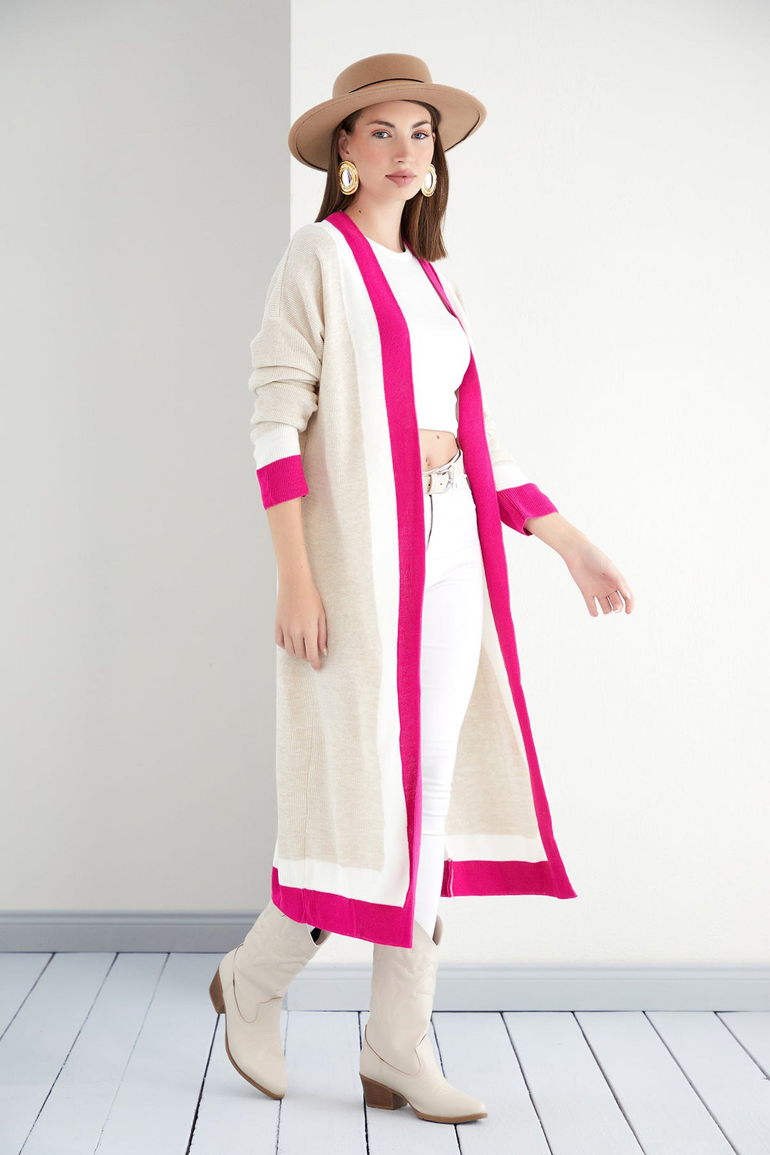 Longline ColourBlock Cardigan in Beige/Pink - jqwholesale.com