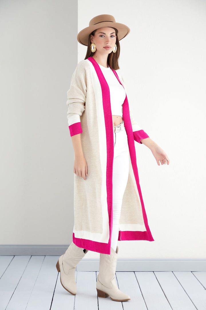 Longline ColourBlock Cardigan in Beige/Pink - jqwholesale.com