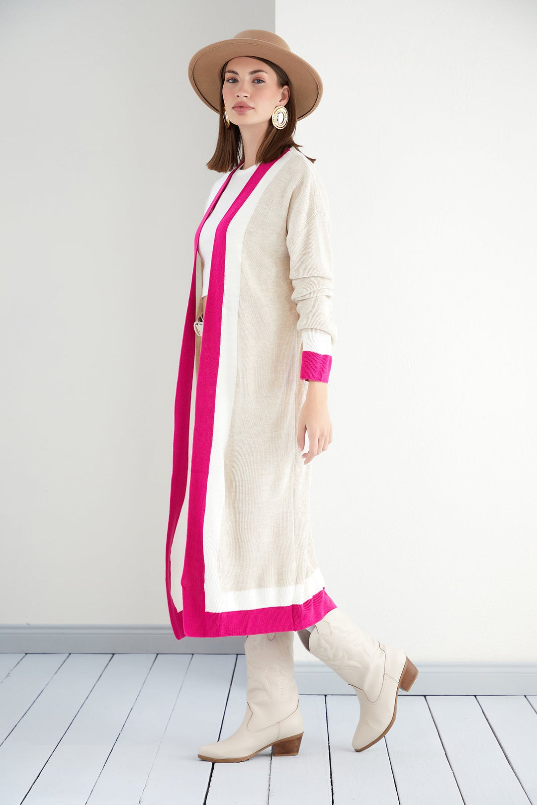 Longline ColourBlock Cardigan in Beige/Pink - jqwholesale.com