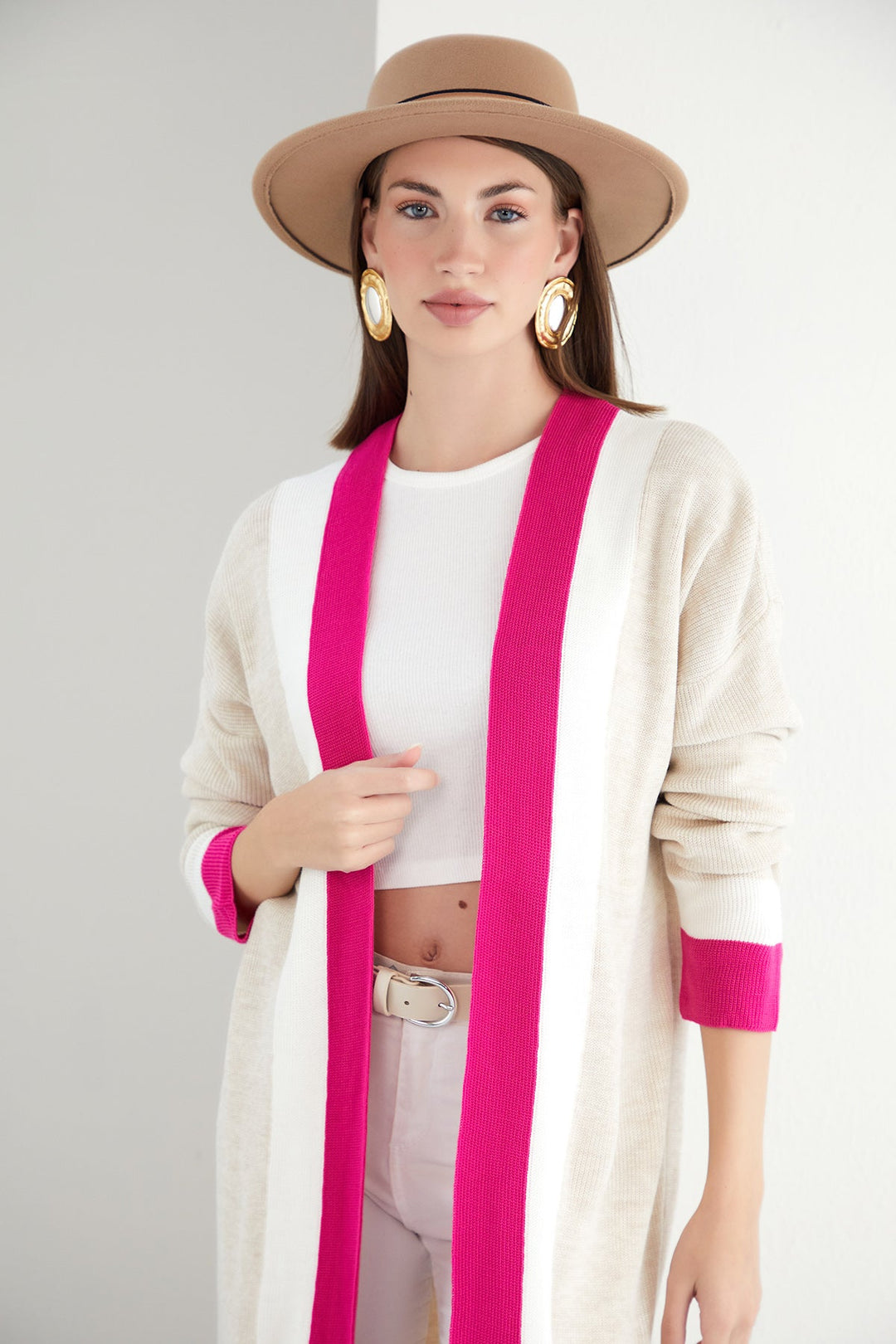 Longline ColourBlock Cardigan in Beige/Pink - jqwholesale.com