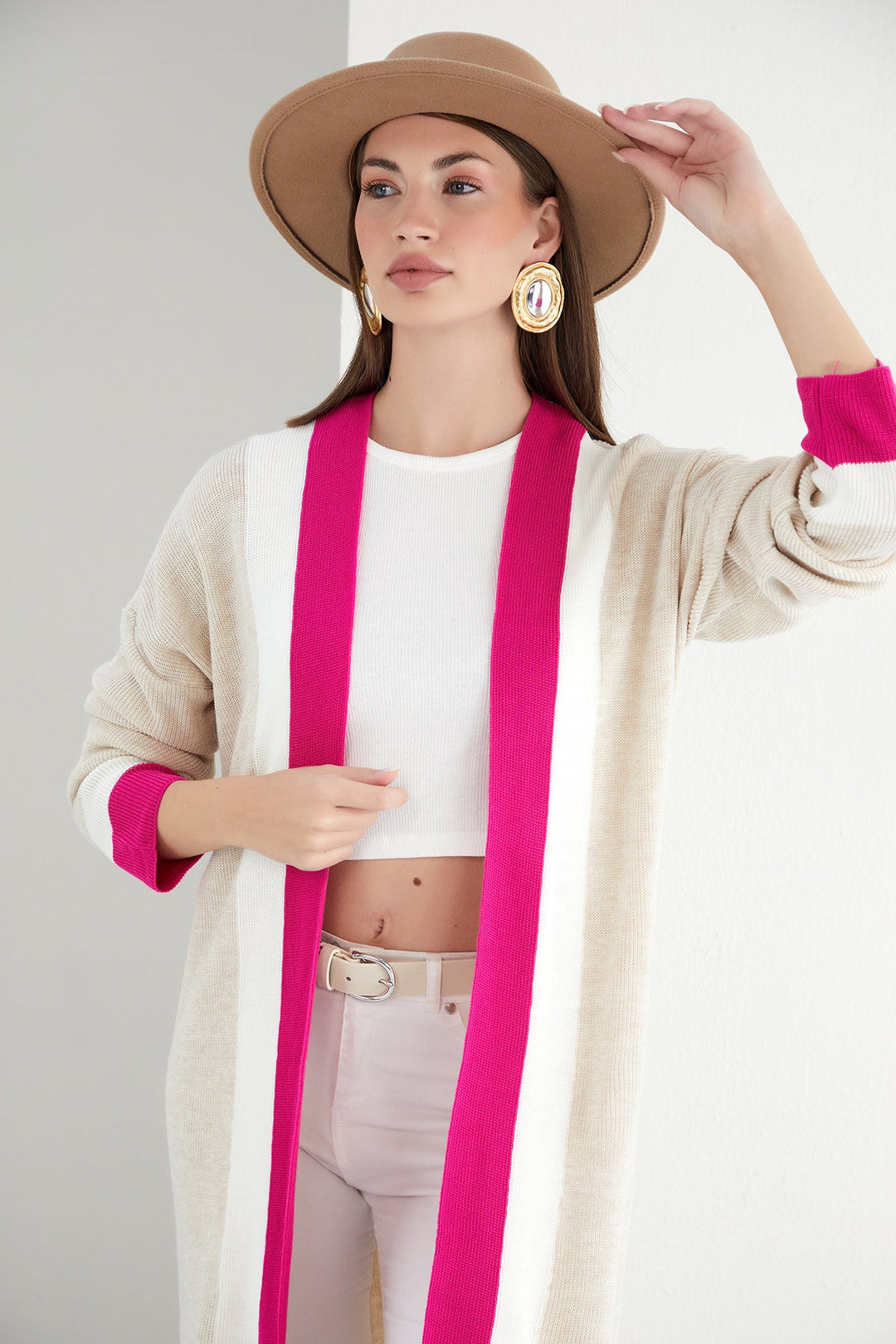 Longline ColourBlock Cardigan in Beige/Pink - jqwholesale.com