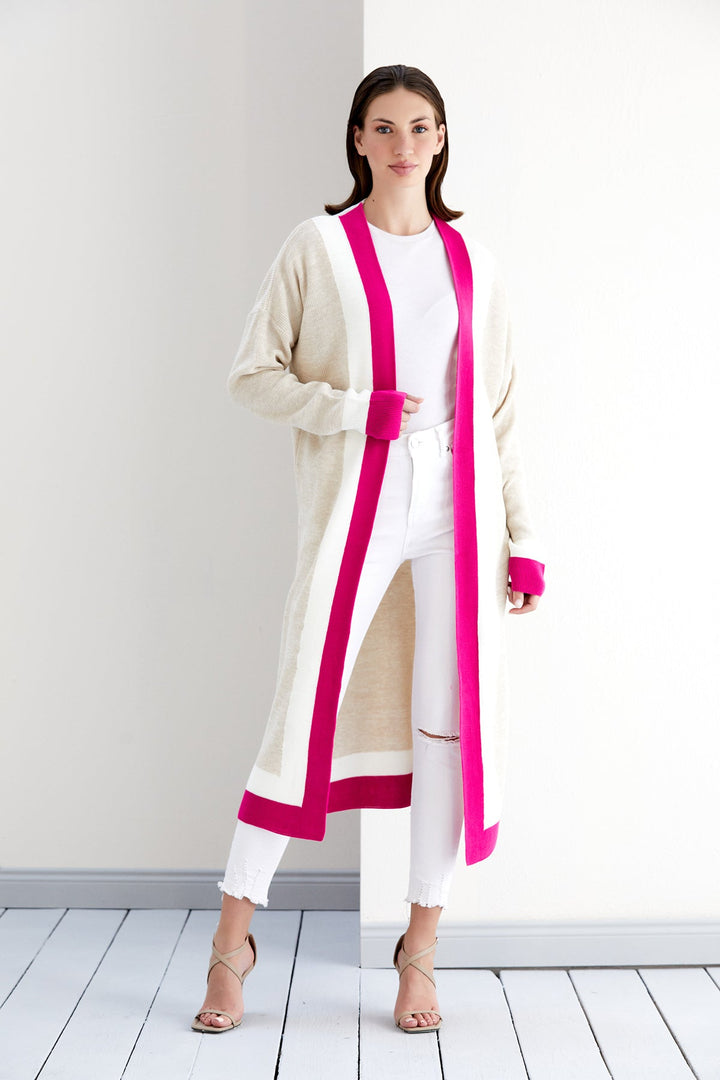 Longline ColourBlock Cardigan in Beige/Pink - jqwholesale.com