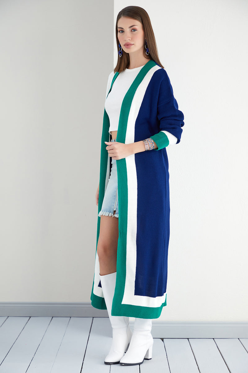 Navy & Green Color Block Longline Knit Cardigan