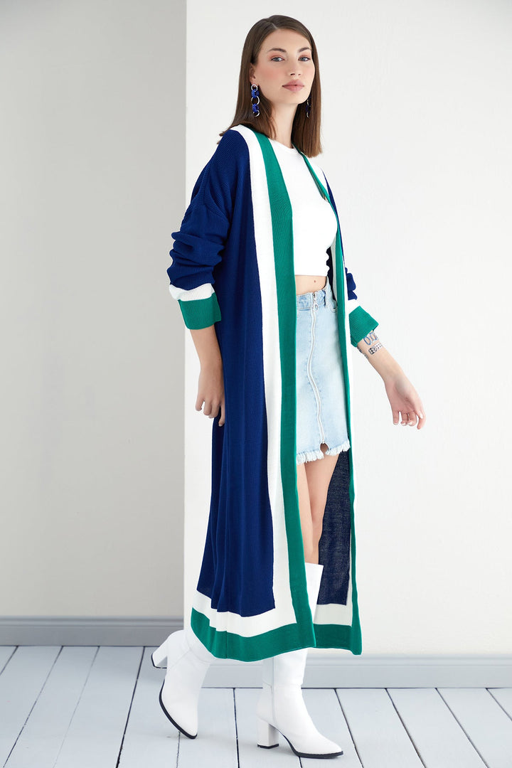 Longline ColourBlock Cardigan in Navy/Green - jqwholesale.com