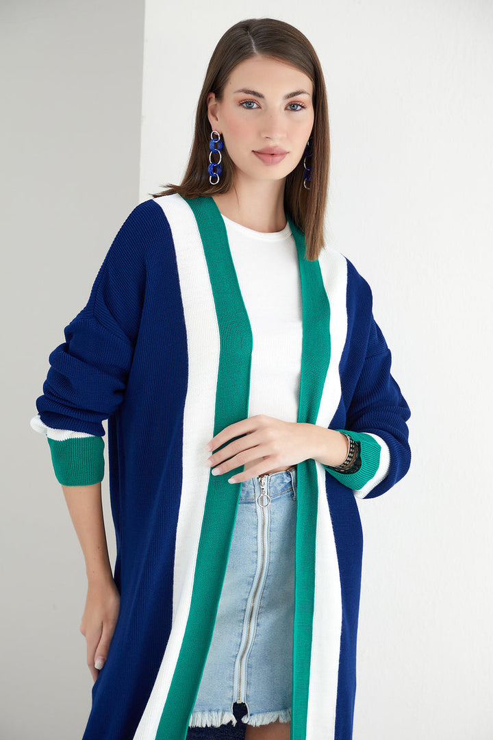 Navy & Green Color Block Longline Knit Cardigan