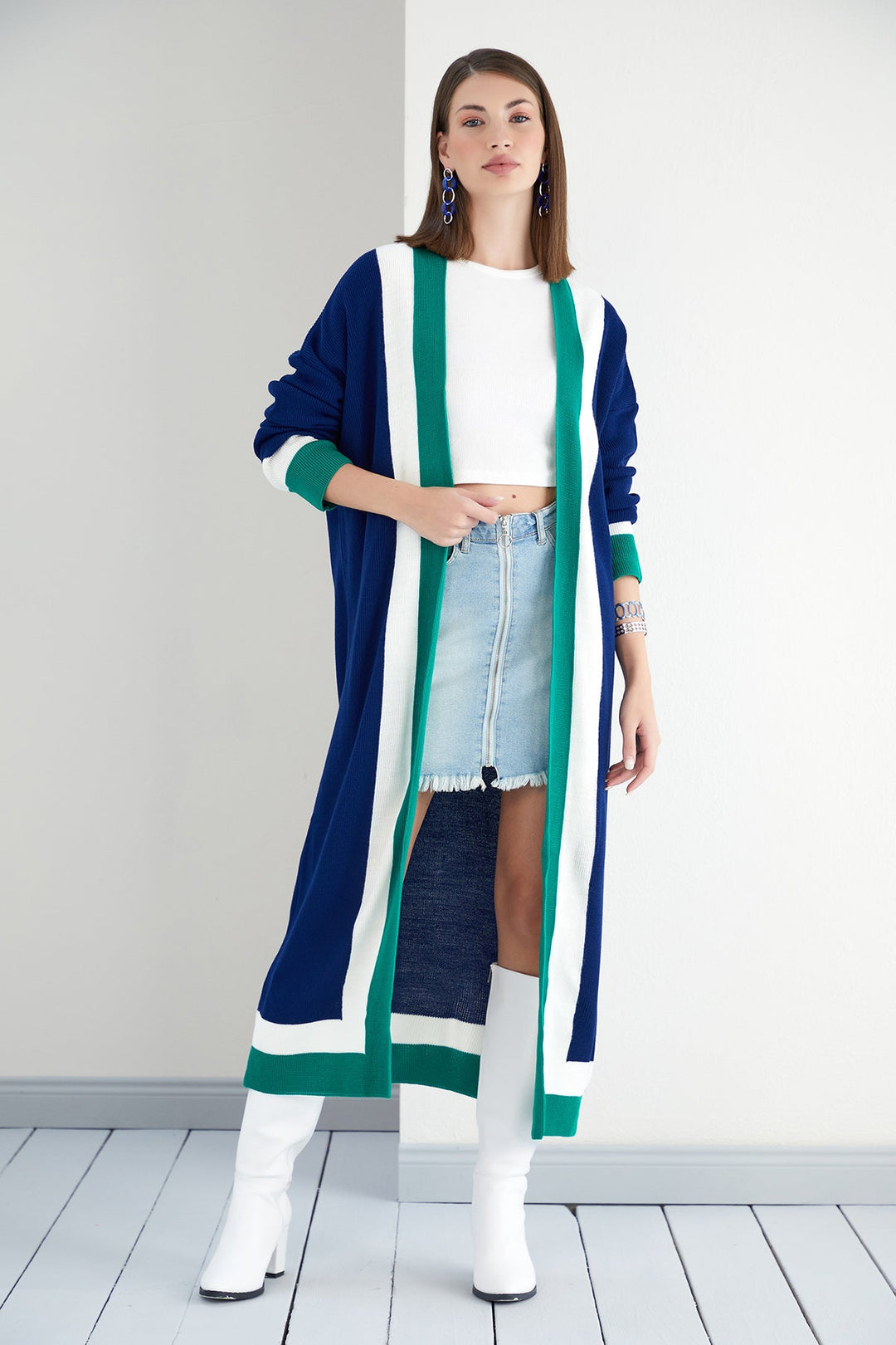 Longline ColourBlock Cardigan in Navy/Green - jqwholesale.com