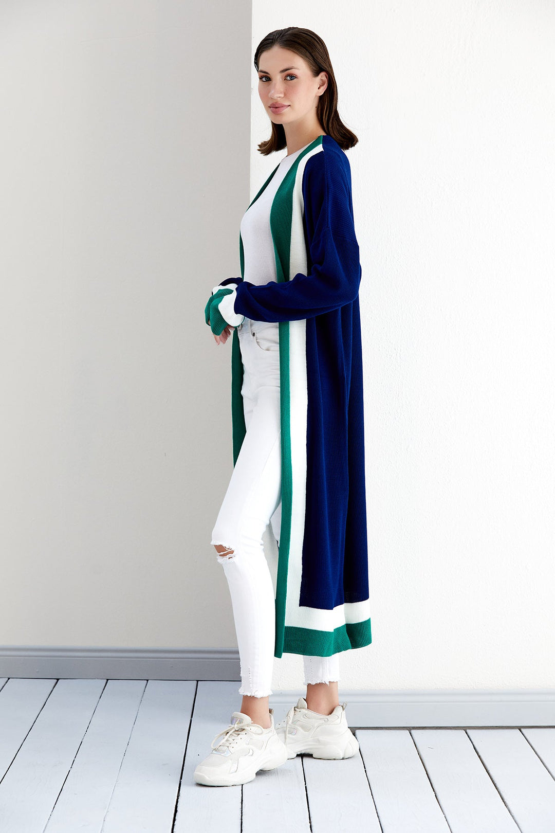 Longline ColourBlock Cardigan in Navy/Green - jqwholesale.com