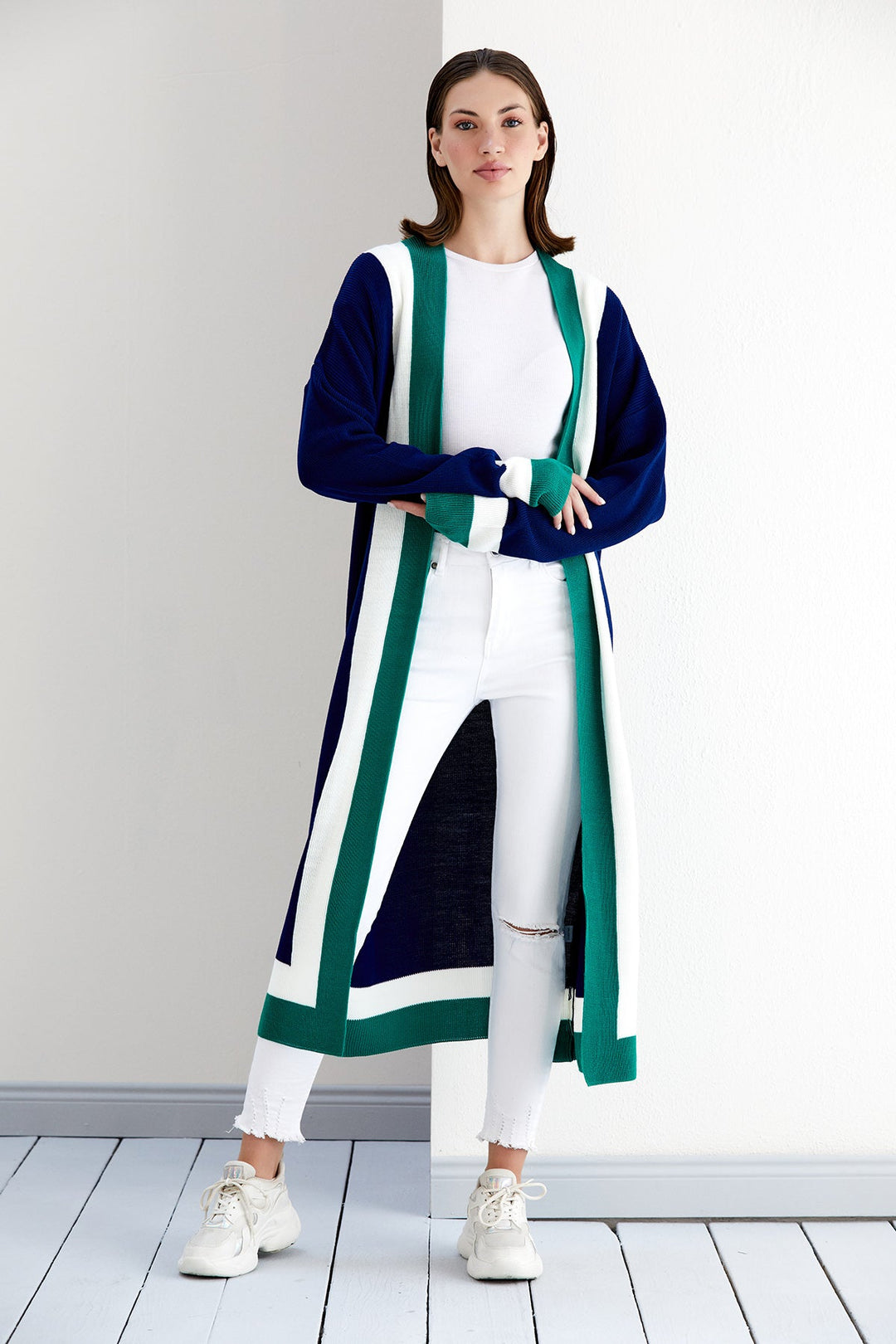 Longline ColourBlock Cardigan in Navy/Green - jqwholesale.com