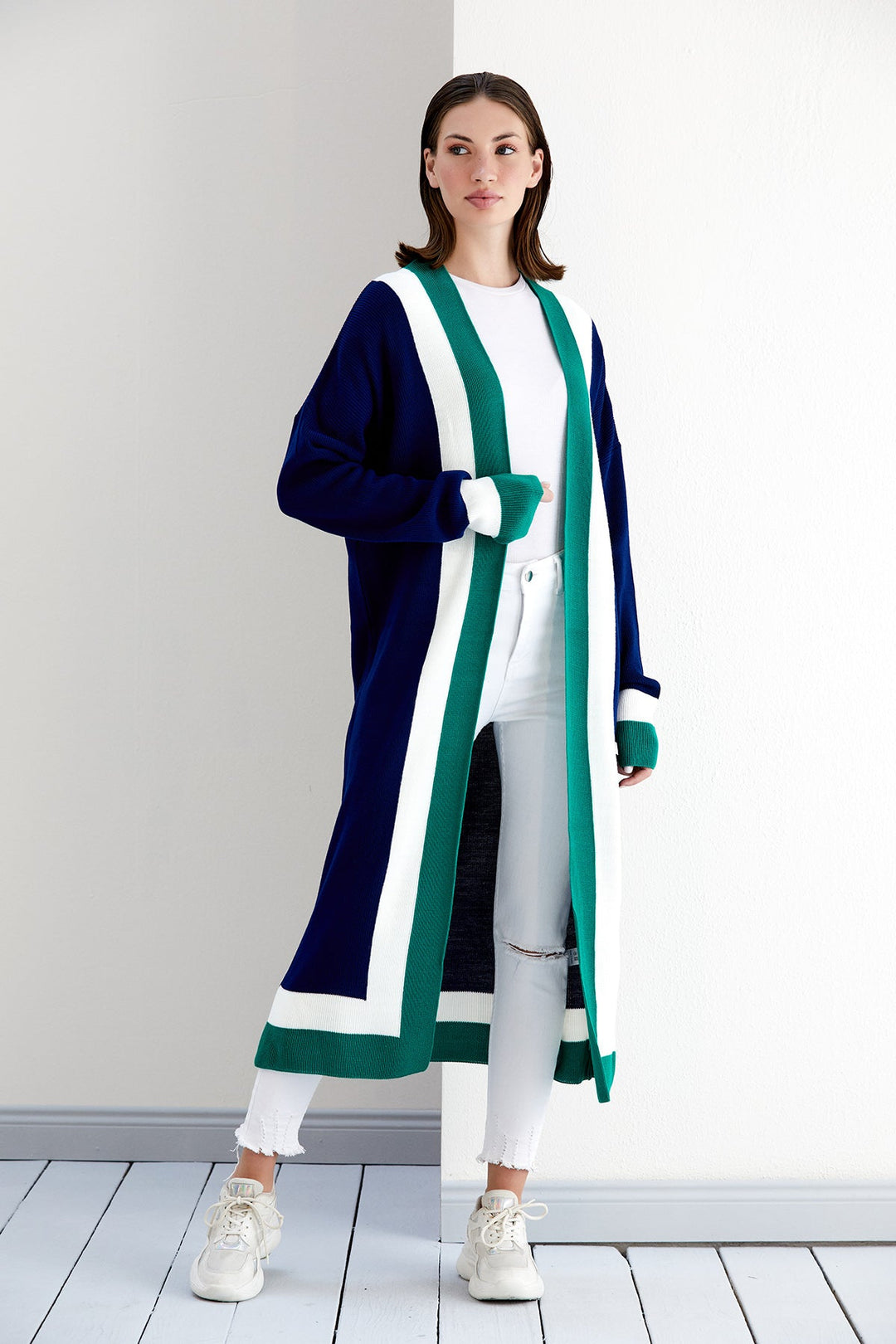 Longline ColourBlock Cardigan in Navy/Green - jqwholesale.com