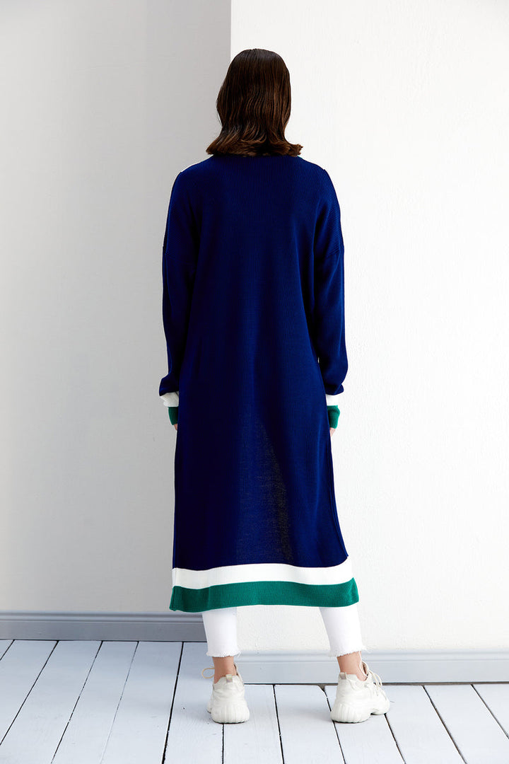 Navy & Green Color Block Longline Knit Cardigan