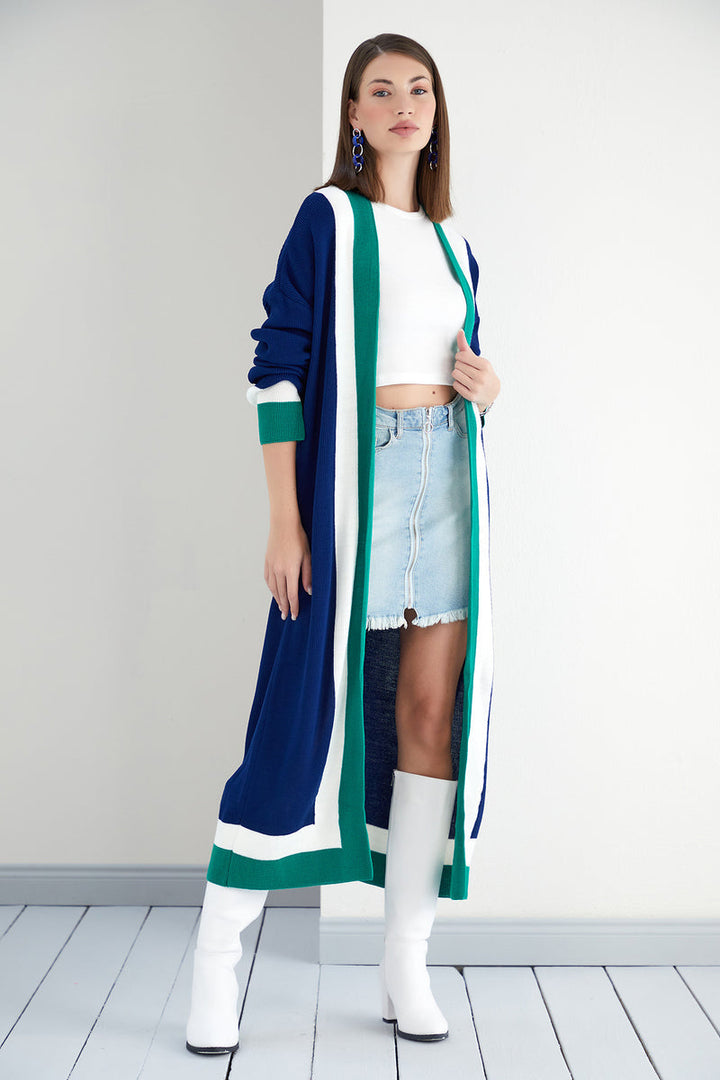 Navy & Green Color Block Longline Knit Cardigan