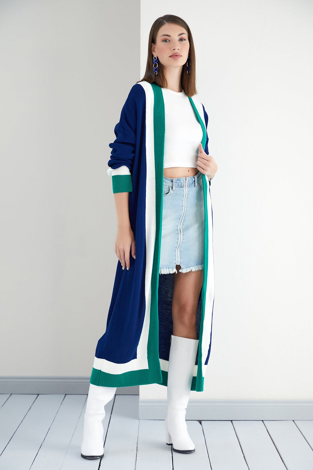 Longline ColourBlock Cardigan in Navy/Green - jqwholesale.com