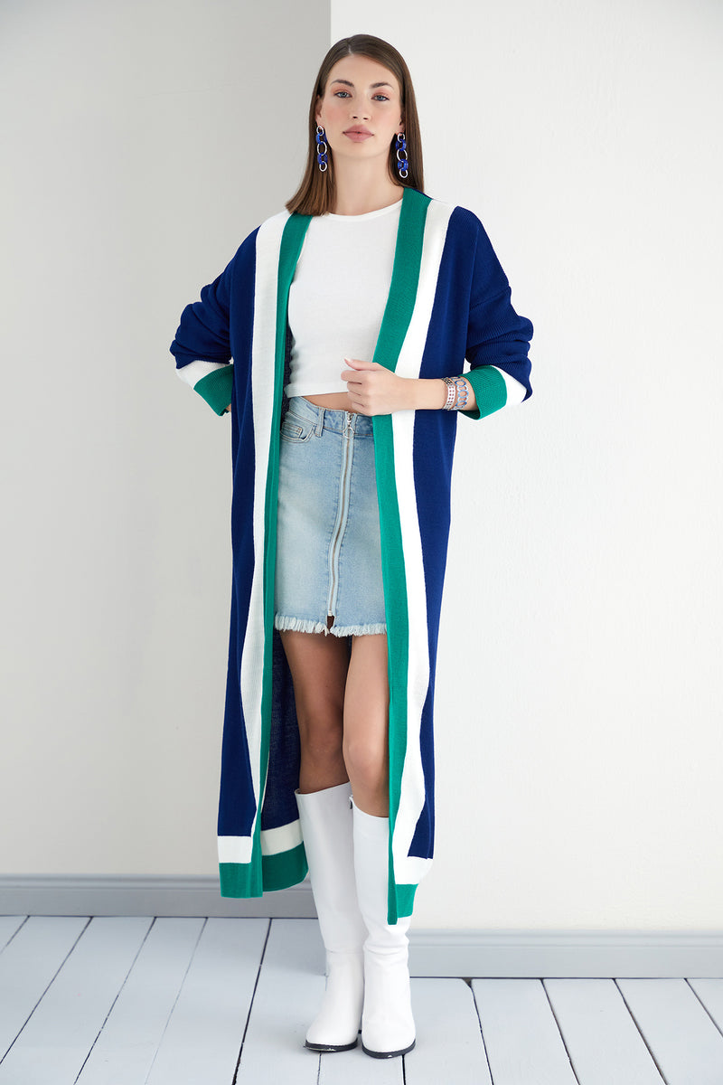 Navy & Green Color Block Longline Knit Cardigan