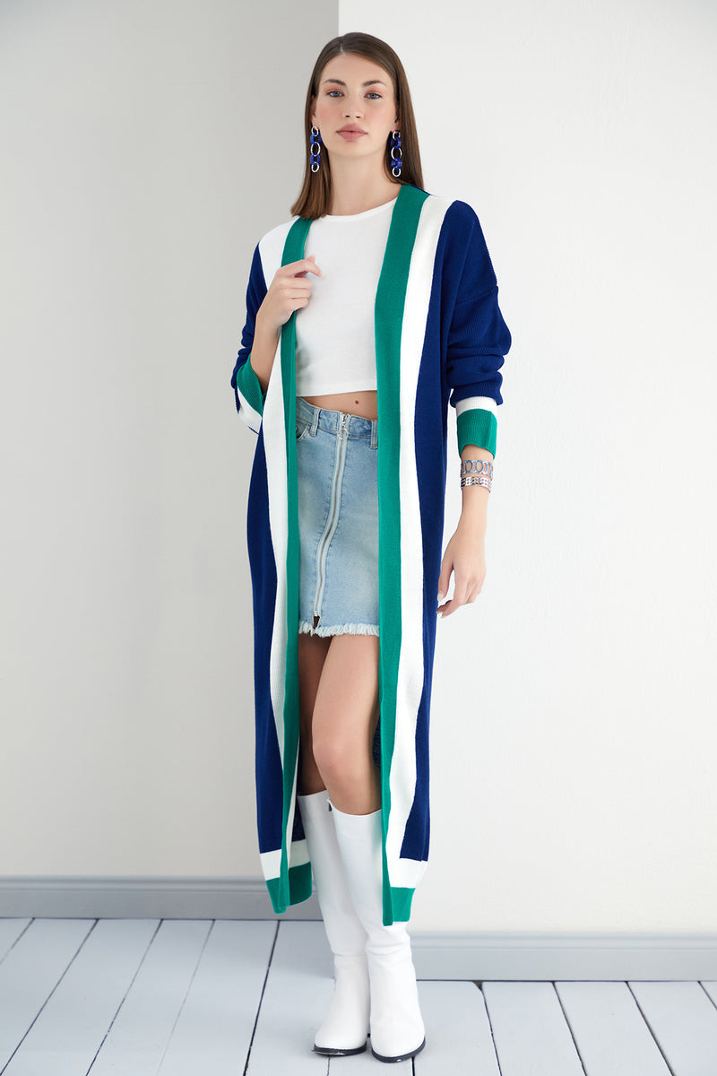 Navy & Green Color Block Longline Knit Cardigan
