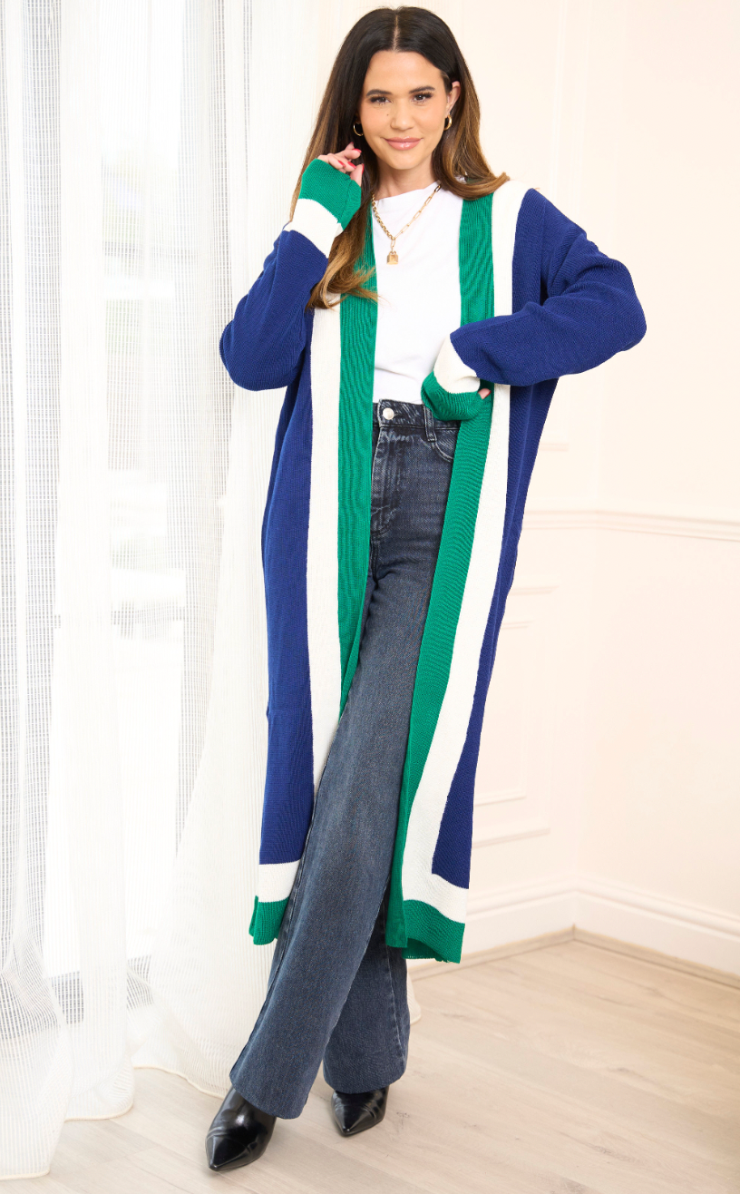 Longline ColourBlock Cardigan in Navy/Green - jqwholesale.com
