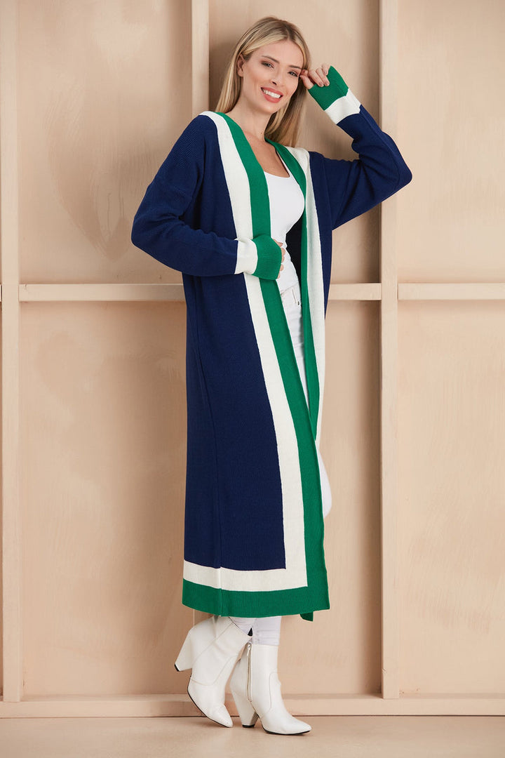 Navy & Green Color Block Longline Knit Cardigan