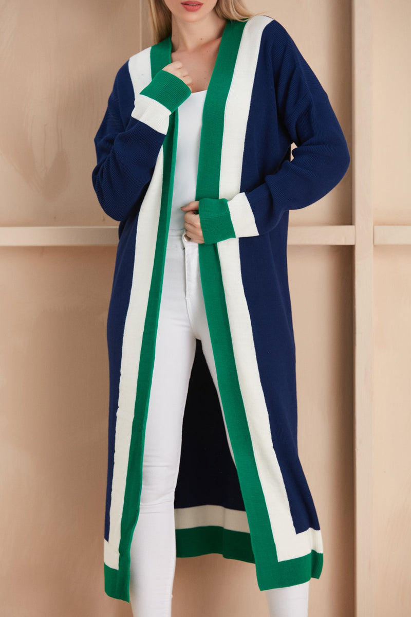 Navy & Green Color Block Longline Knit Cardigan