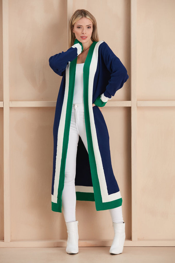 Navy & Green Color Block Longline Knit Cardigan