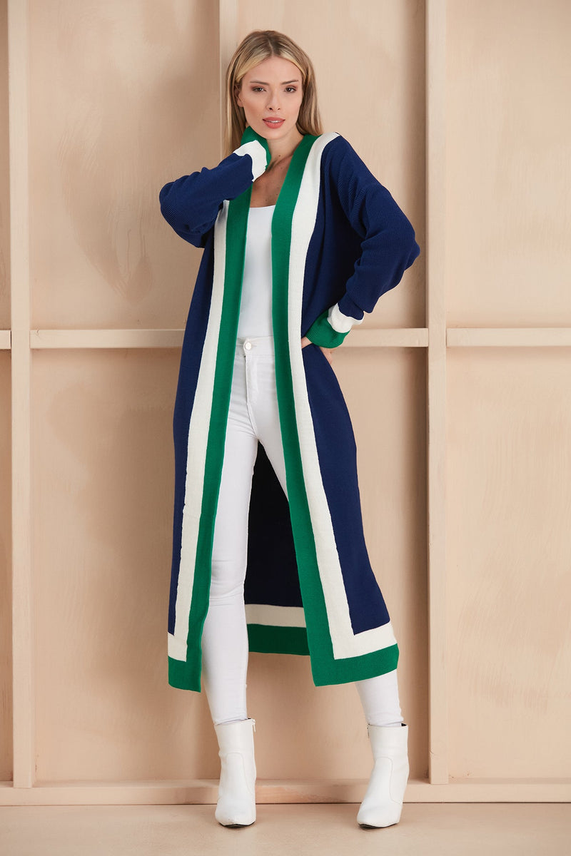 Navy & Green Color Block Longline Knit Cardigan