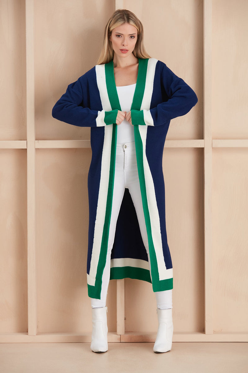 Navy & Green Color Block Longline Knit Cardigan