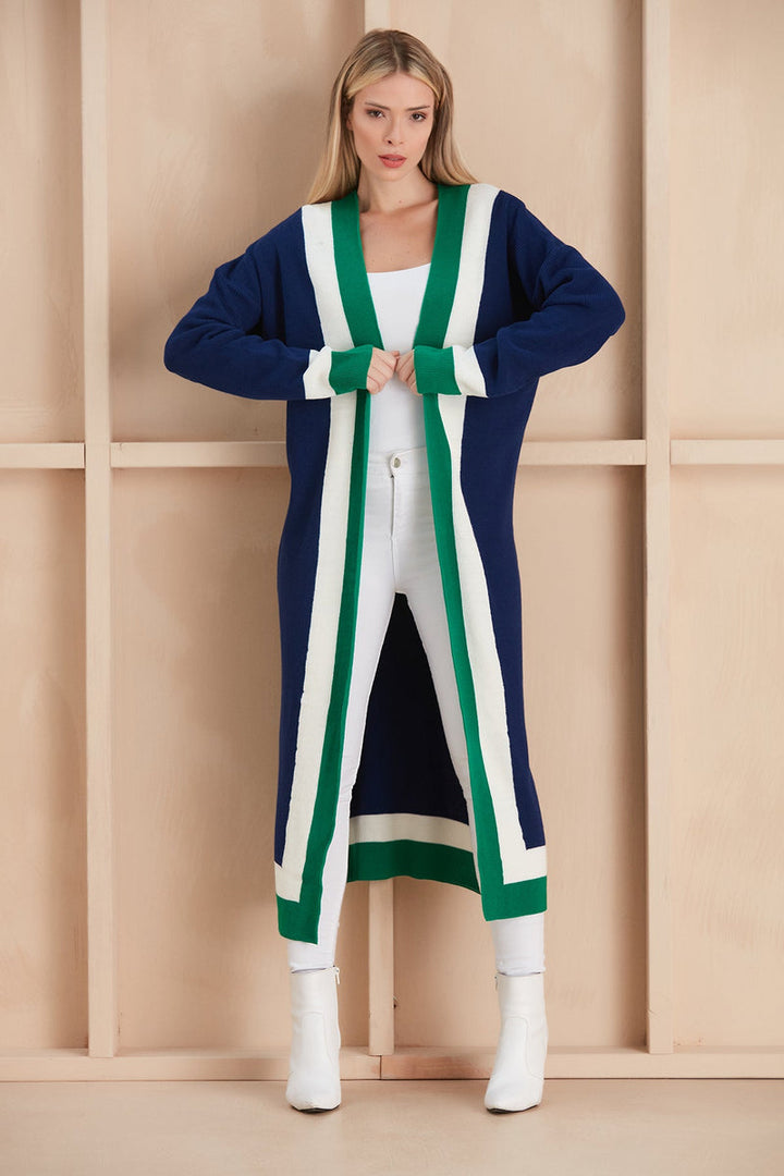 Navy & Green Color Block Longline Knit Cardigan