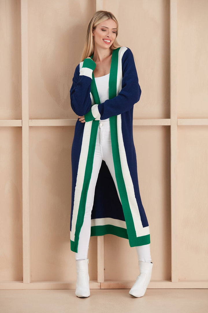 Navy & Green Color Block Longline Knit Cardigan