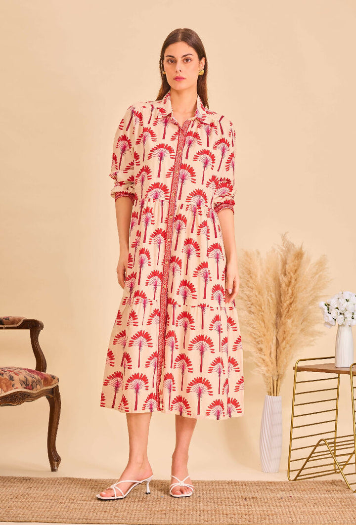 Mid-length bohemian cotton dress - Red