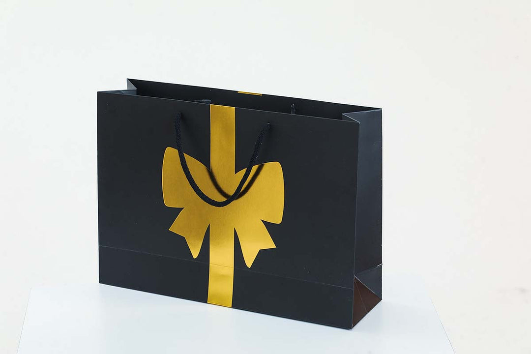 Ribbon Design Black Carrier Bag Gold Foiled - jqwholesale.com