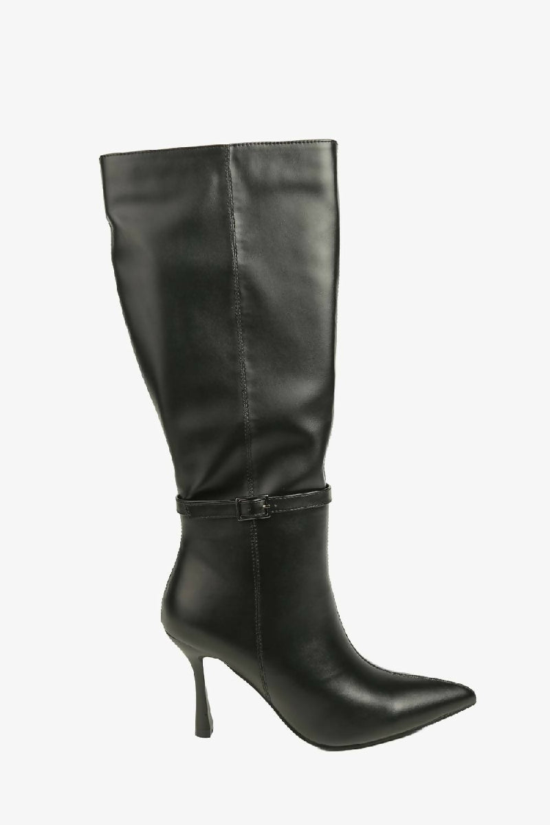 Buckle Detail Stiletto Heel Pointed Toe Knee High Boots In Black (PACK OF 12 PAIRS UK3-UK8) - jqwholesale.com