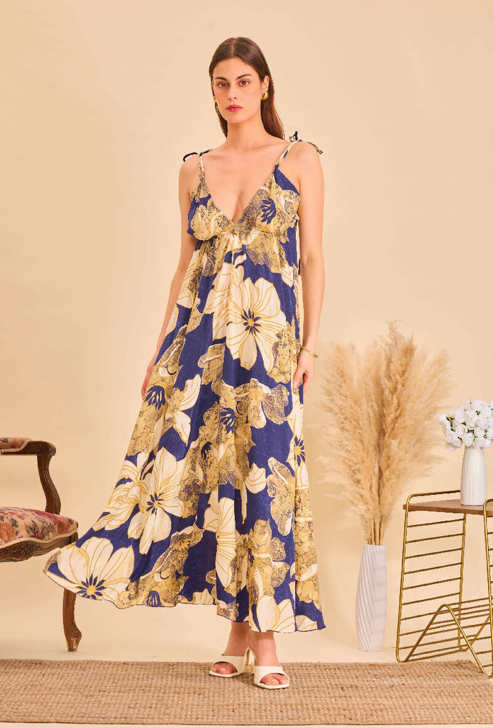 Long bohemian silk backless dress - Bleu