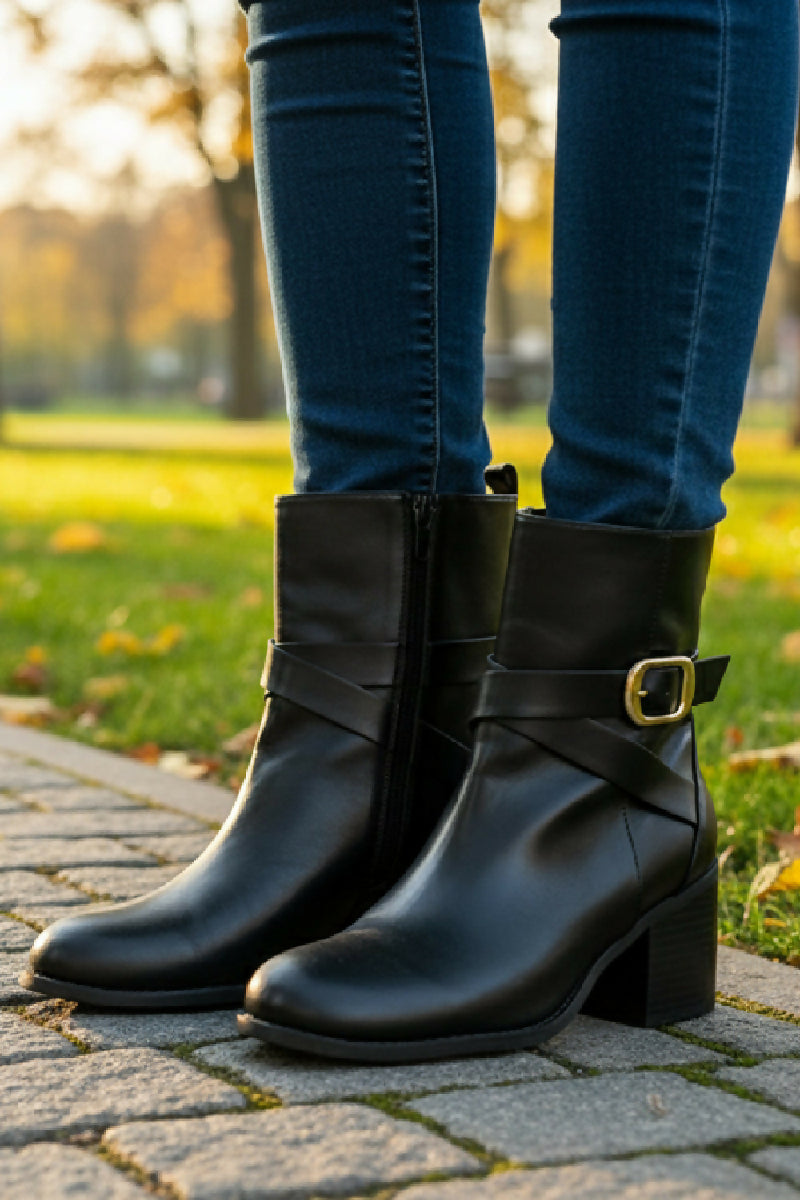 BLACK BLOCK HEELED ANKLE BOOTS (PACK OF 12 PAIRS UK3-UK8) - jqwholesale.com