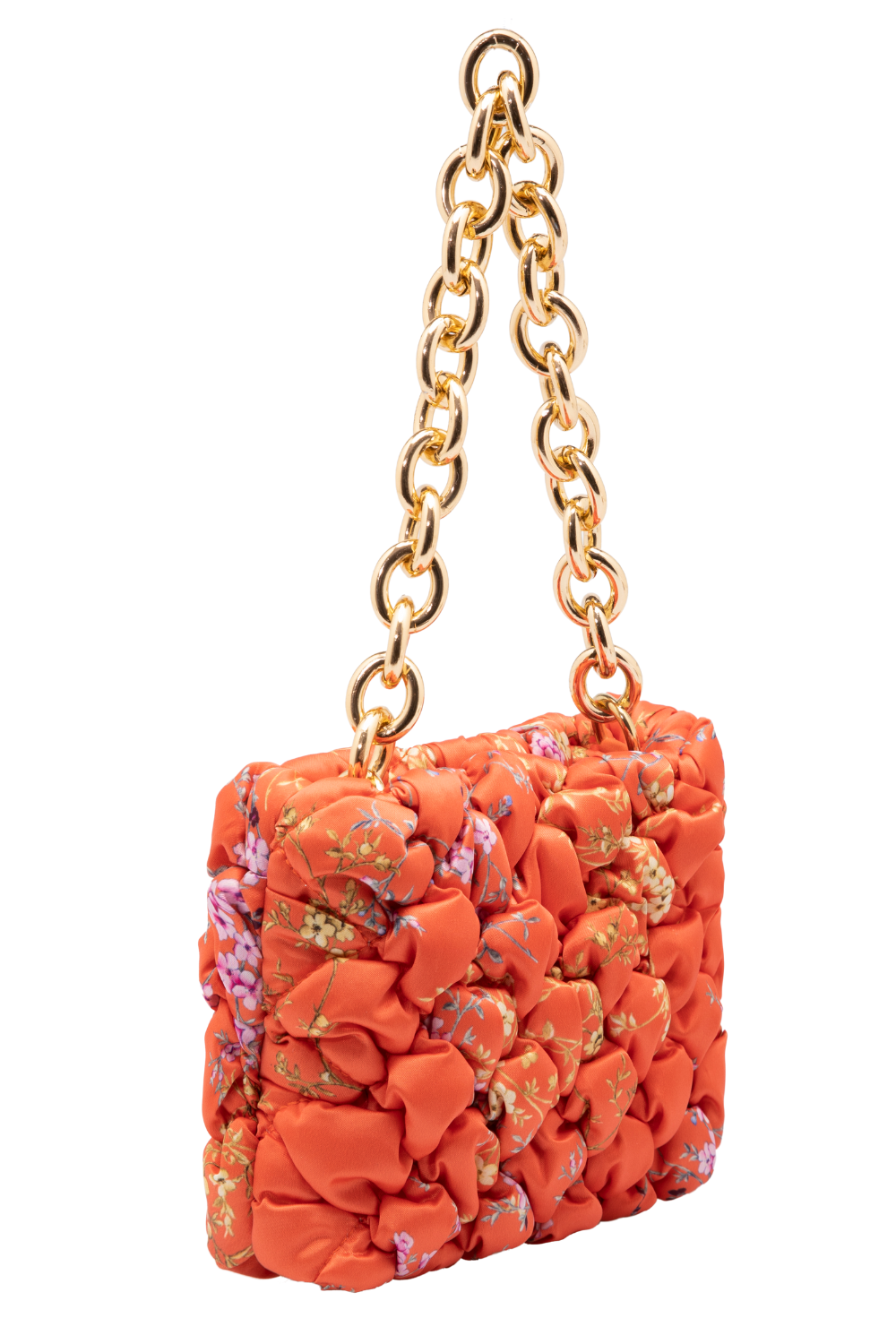 Orange Ruched Floral Mini Bag with Gold Chain - jqwholesale.com