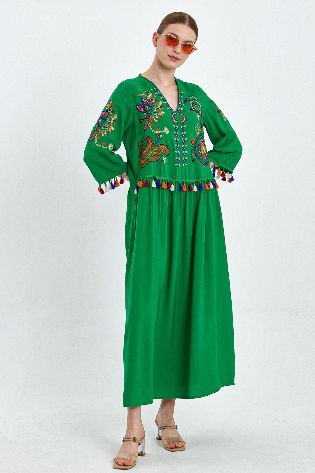 Embroidered Tiered Midi Dress with V-Neck Design in Green
