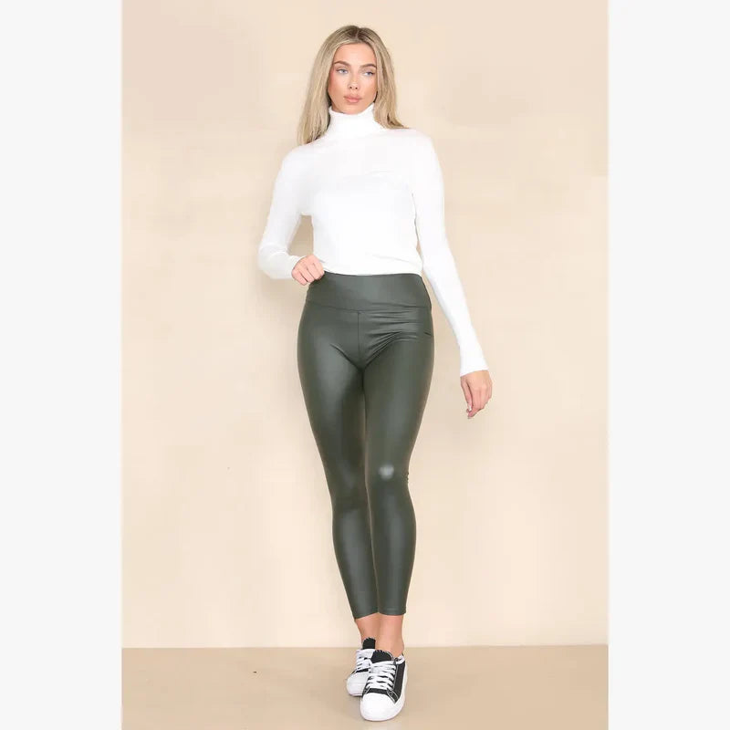 (2P. PACK) Regular Leather Look High Waisted Leggings - jqwholesale.com