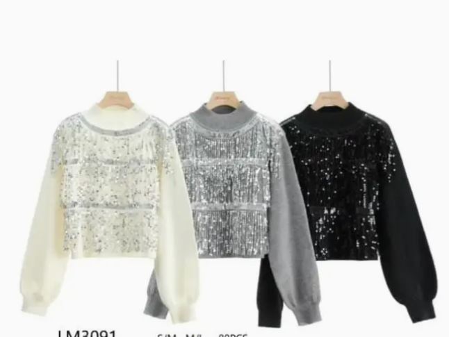 (2P.PACK) Sequin Embellished Wool Blend Cropped Knit Jumper - jqwholesale.com