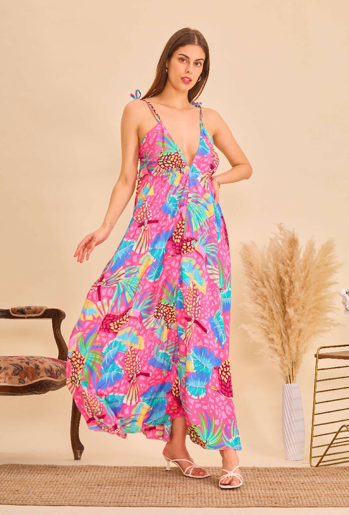 Long bohemian silk backless dress - Bleu/Pink