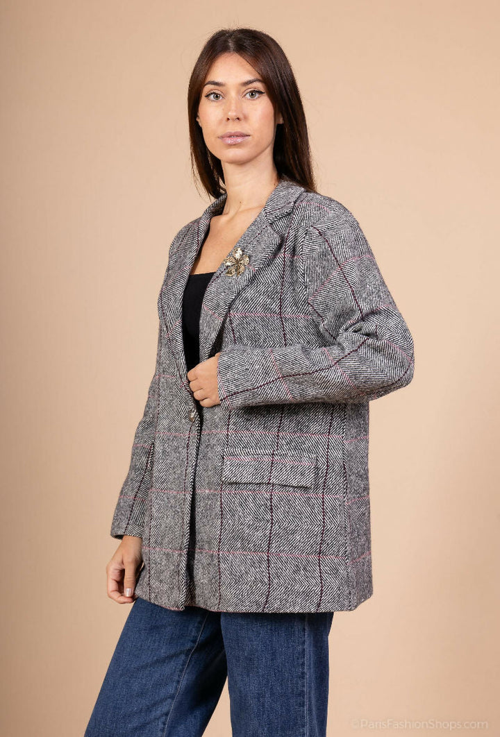 Plaid Blazer with Brooch