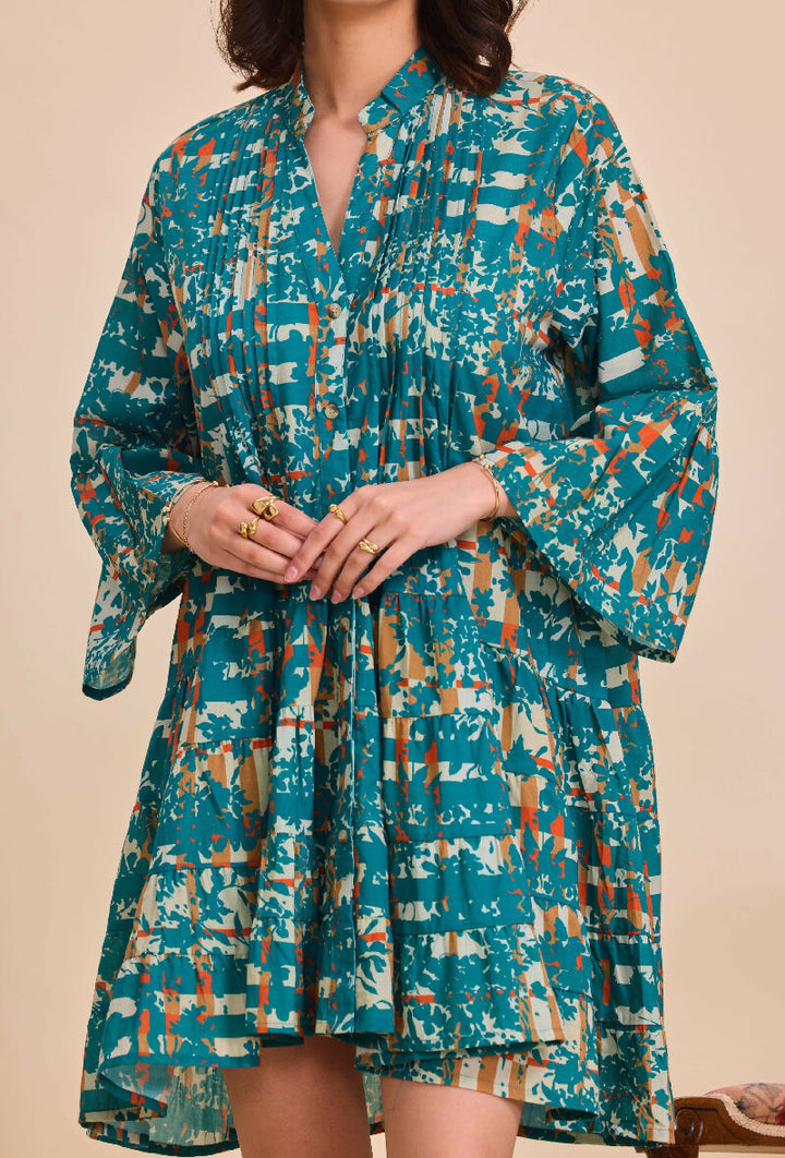 Short A-line dress in printed cotton- Green