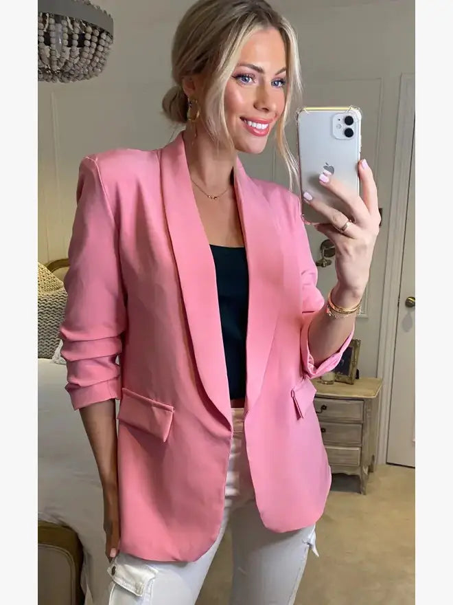 Oversized Rouched Sleeve Blazer - jqwholesale.com
