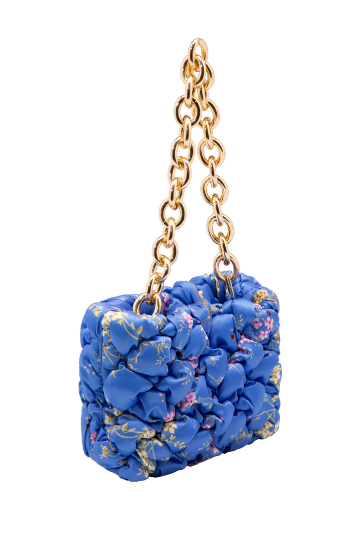 Blue Ruched Floral Mini Bag with Gold Chain