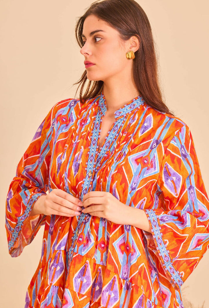 Short A-line dress in printed cotton- Orange