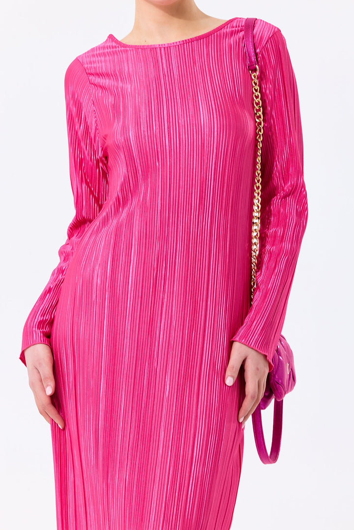 Long Sleeve Shift Pleated Maxi Dress in Fuchsia - jqwholesale.com