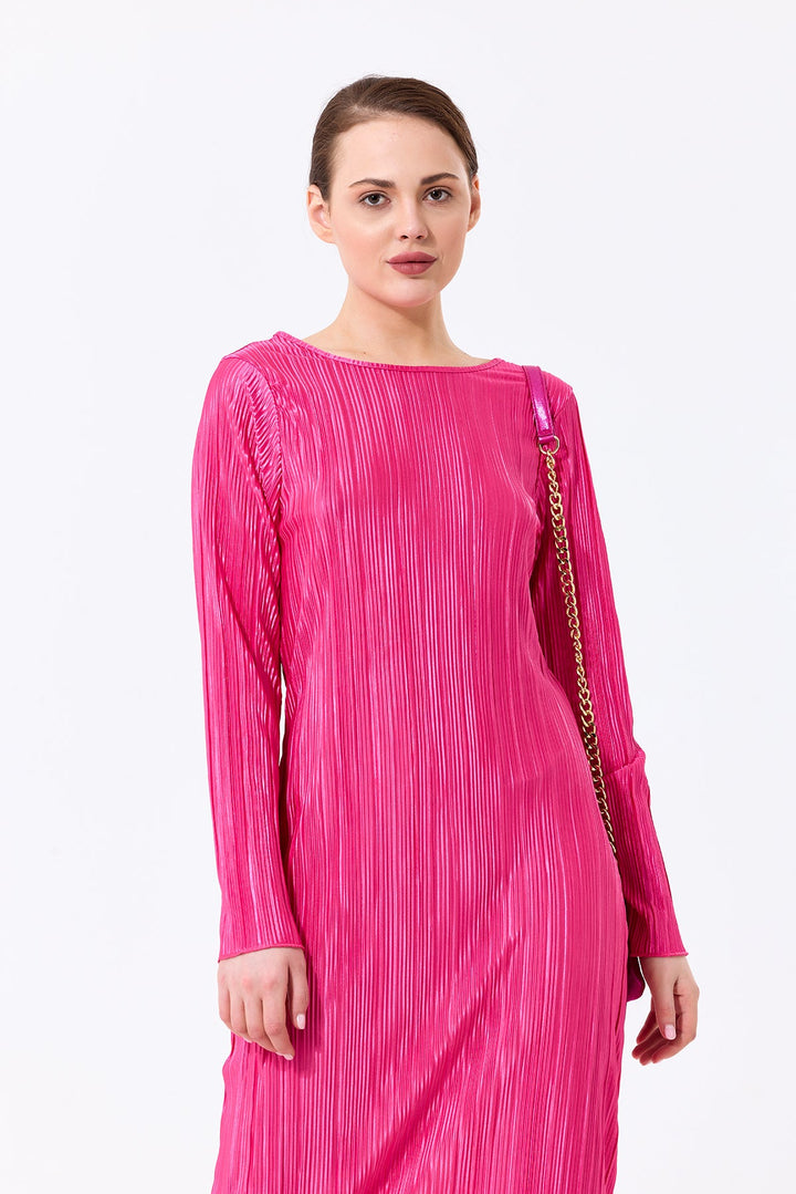Long Sleeve Shift Pleated Maxi Dress in Fuchsia - jqwholesale.com